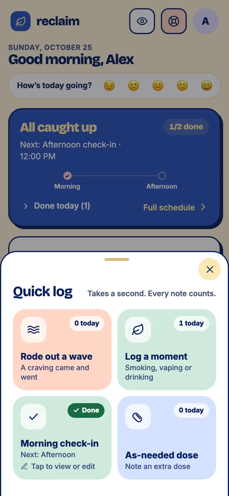 The quick log sheet: ride out a wave, log a moment, check in, or note an as-needed dose.