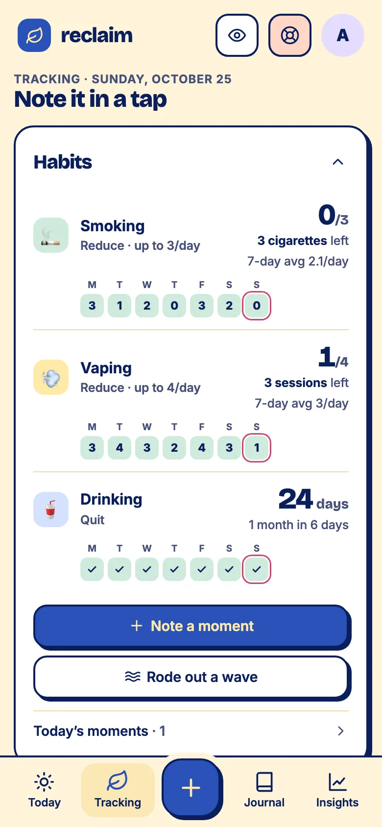 Reclaimโs Tracking screen on a phone, with a plan for each habit.