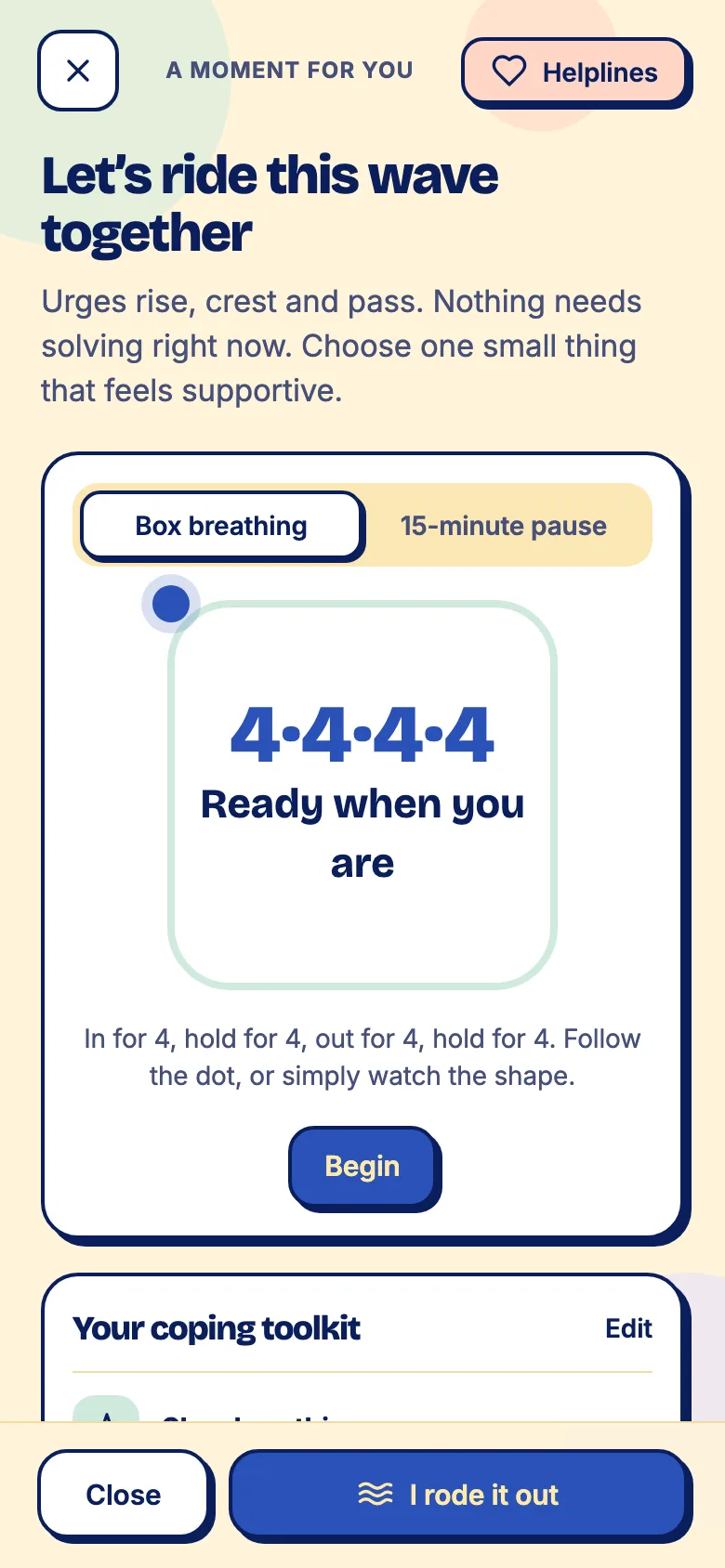 The support screen with a box-breathing exercise for riding out a craving.